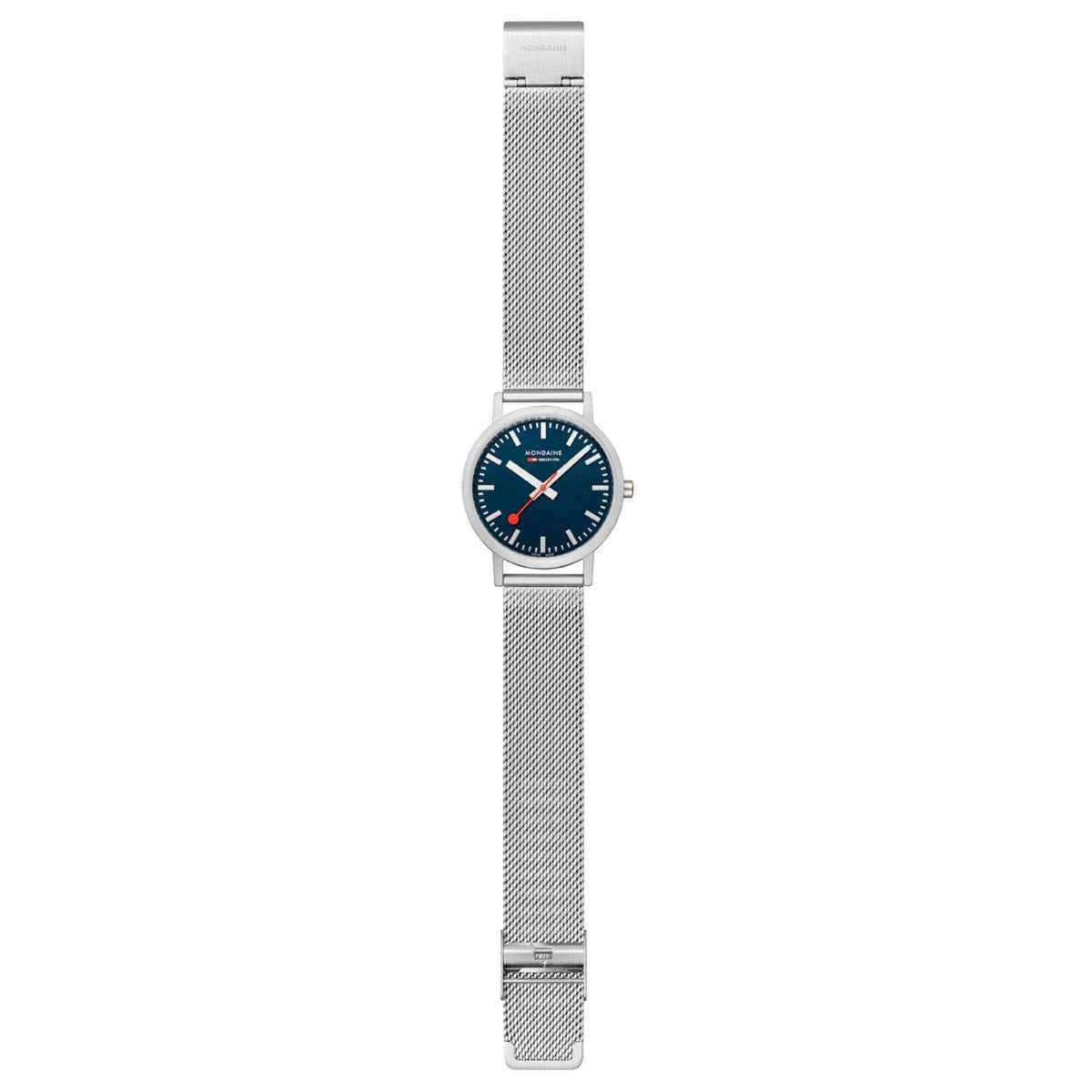Mondaine deep ocean blue dial watch with silver mesh bracelet, front view