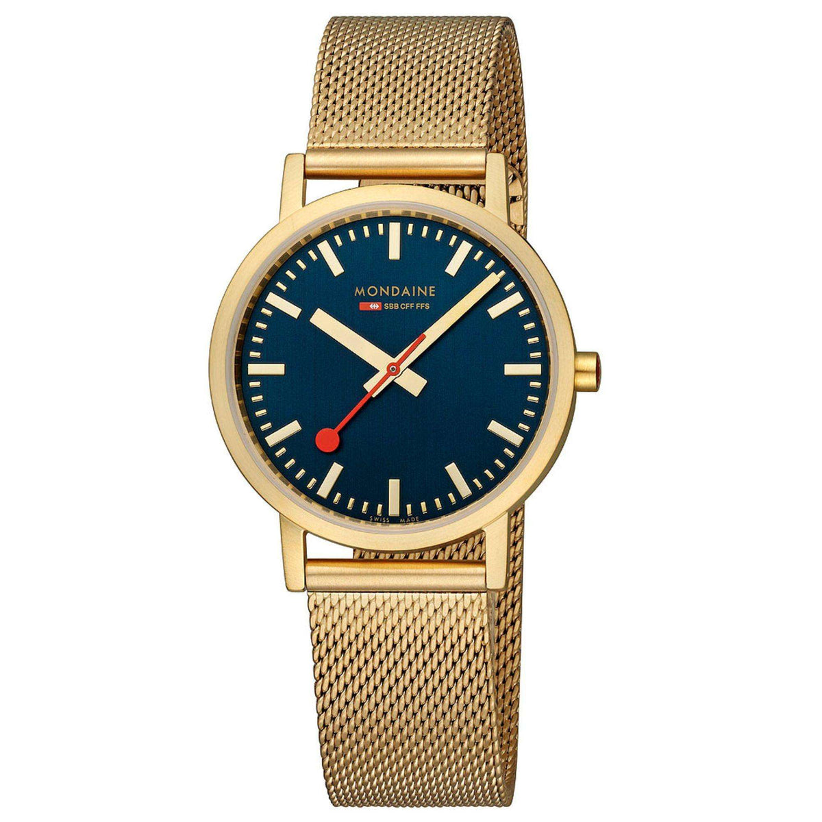 Gold mesh strap watch with dark blue dial, red seconds hand, and gold hands