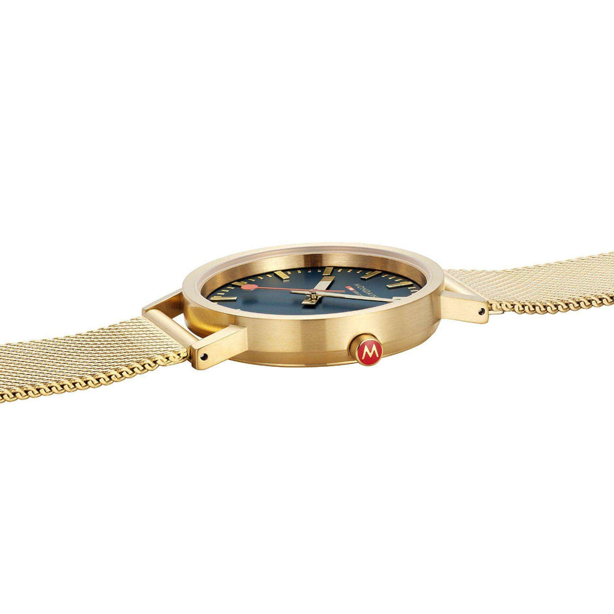 Gold case wristwatch with dark blue dial, crown, and gold mesh strap