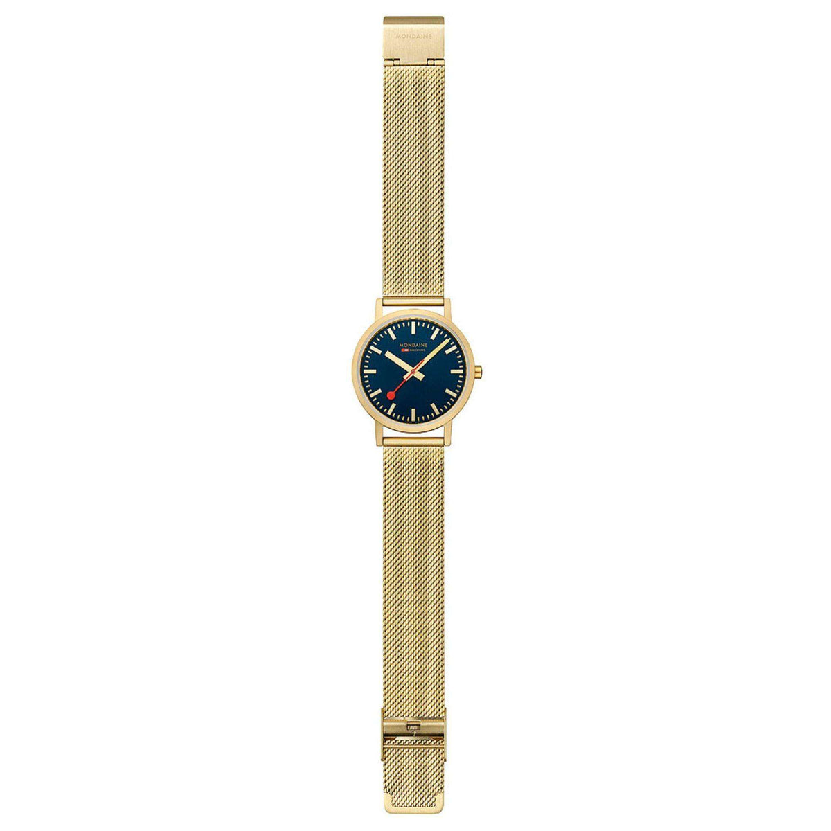 Gold mesh strap watch with dark blue dial and gold hands