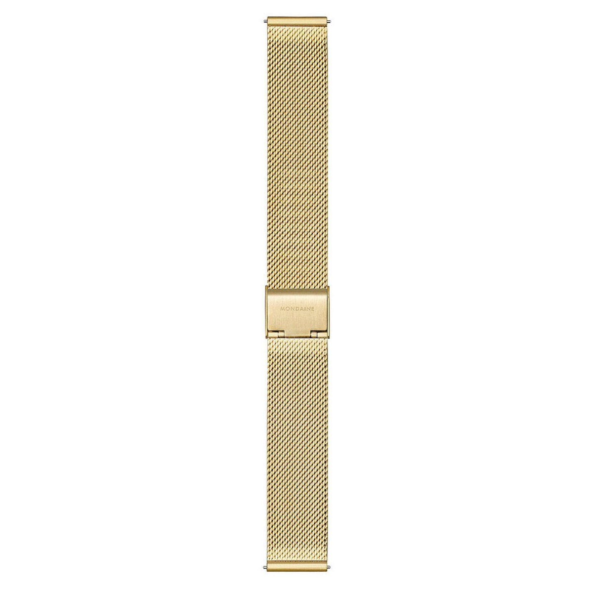 Gold metal mesh watch band with clasp and link details