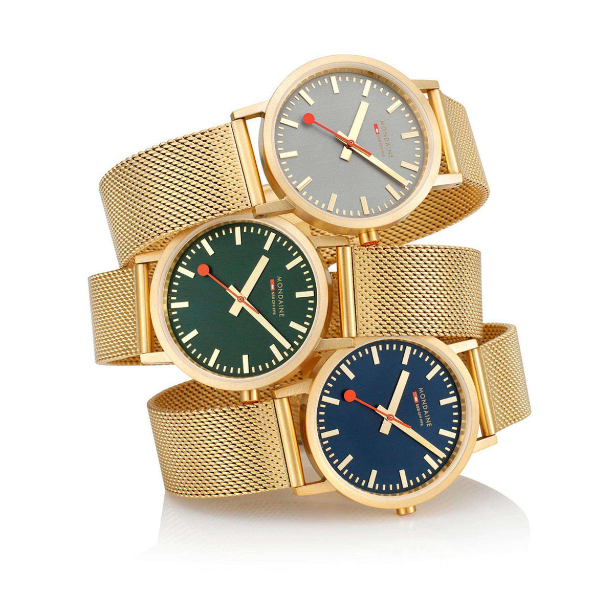 Set of three gold mesh strap watches with dark blue dials and red seconds hand