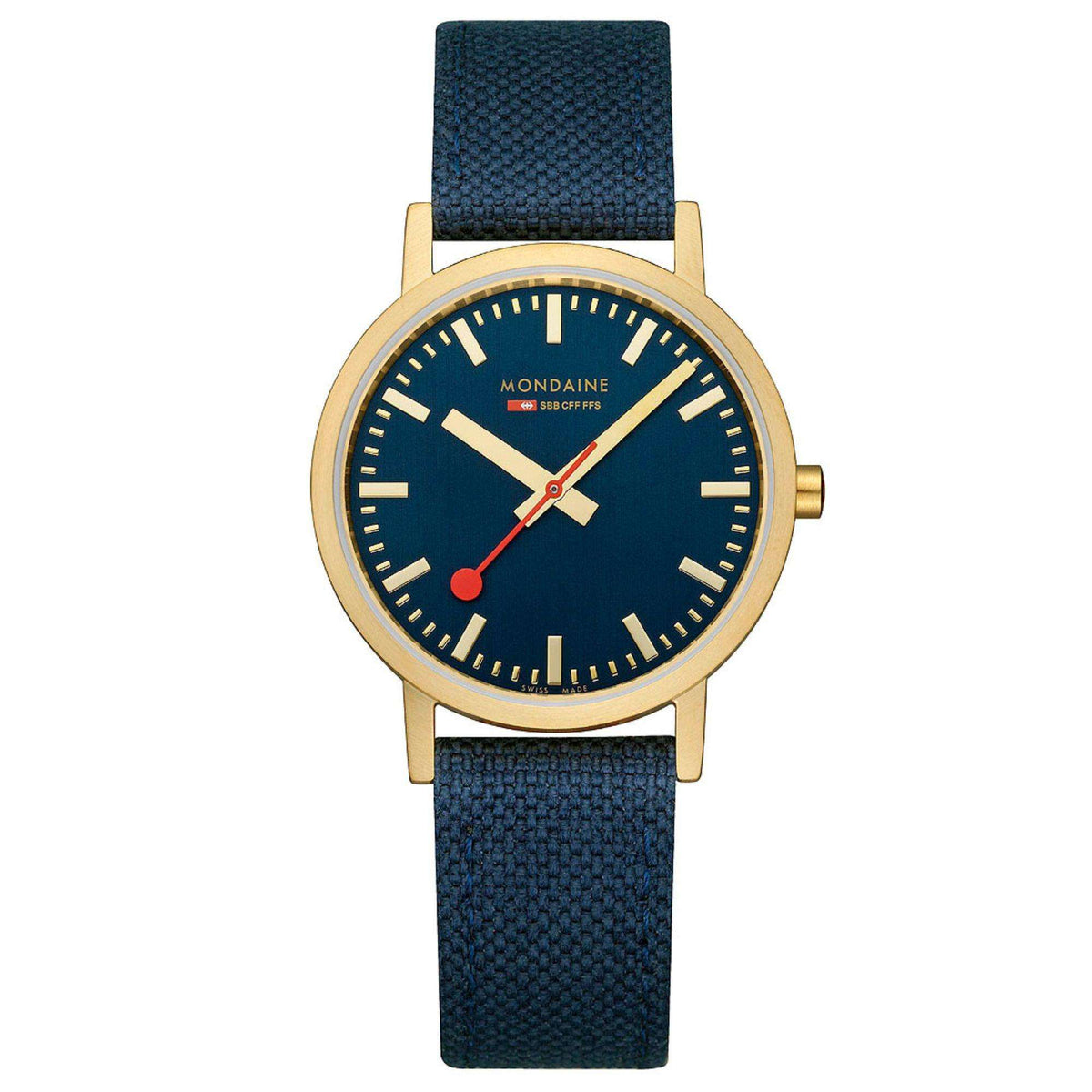 Mondaine Classic watch with gold-tone round case, dark blue dial, and deep ocean blue strap.