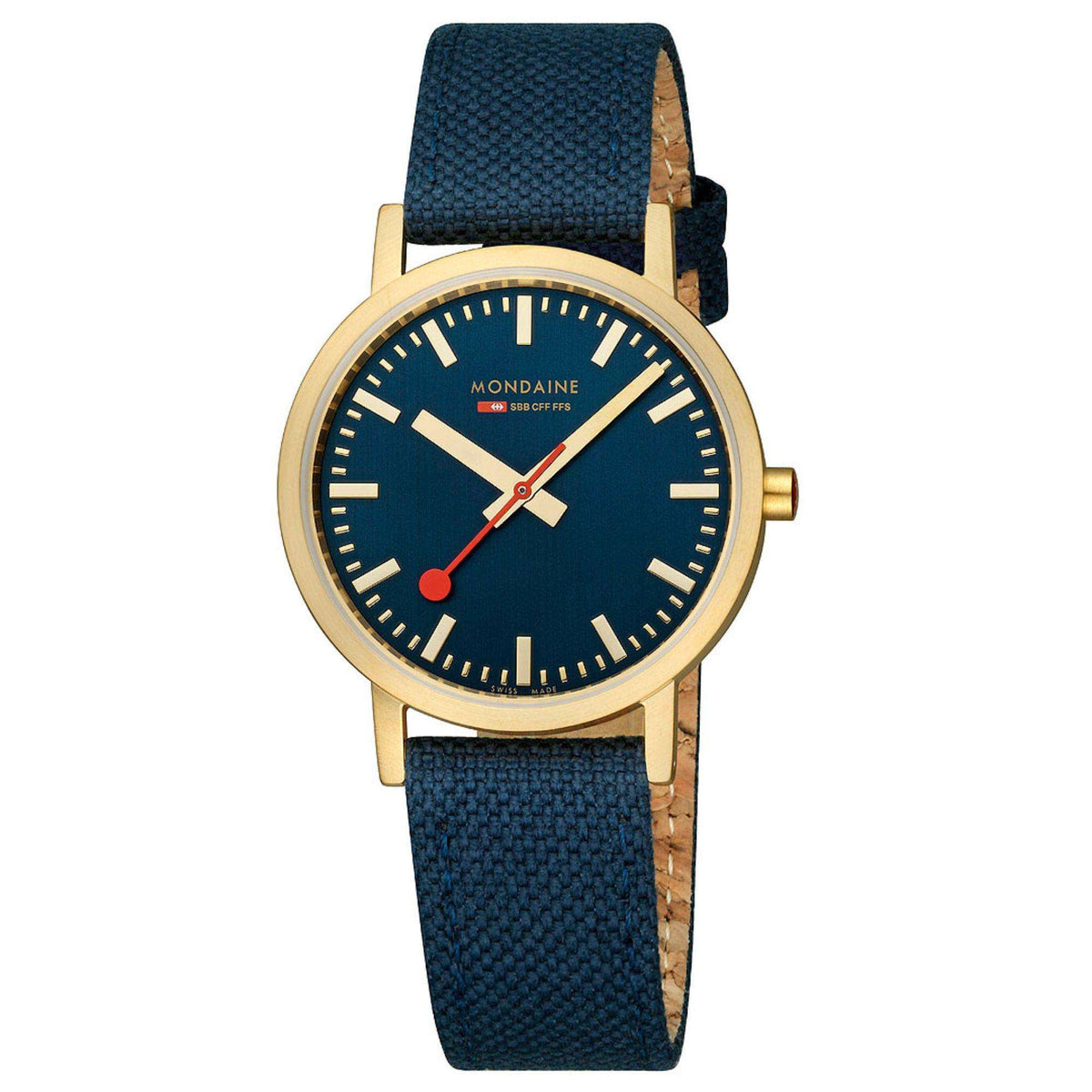 Gold-tone Mondaine watch front, dark blue dial with red seconds, deep ocean blue fabric strap.