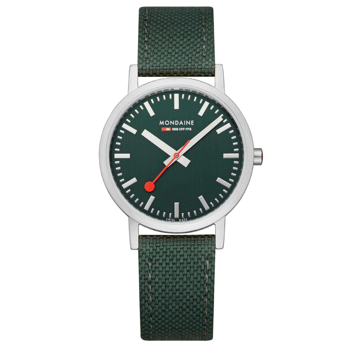 Forest green dial bracelet watch with silver case, red seconds hand, and green fabric strap