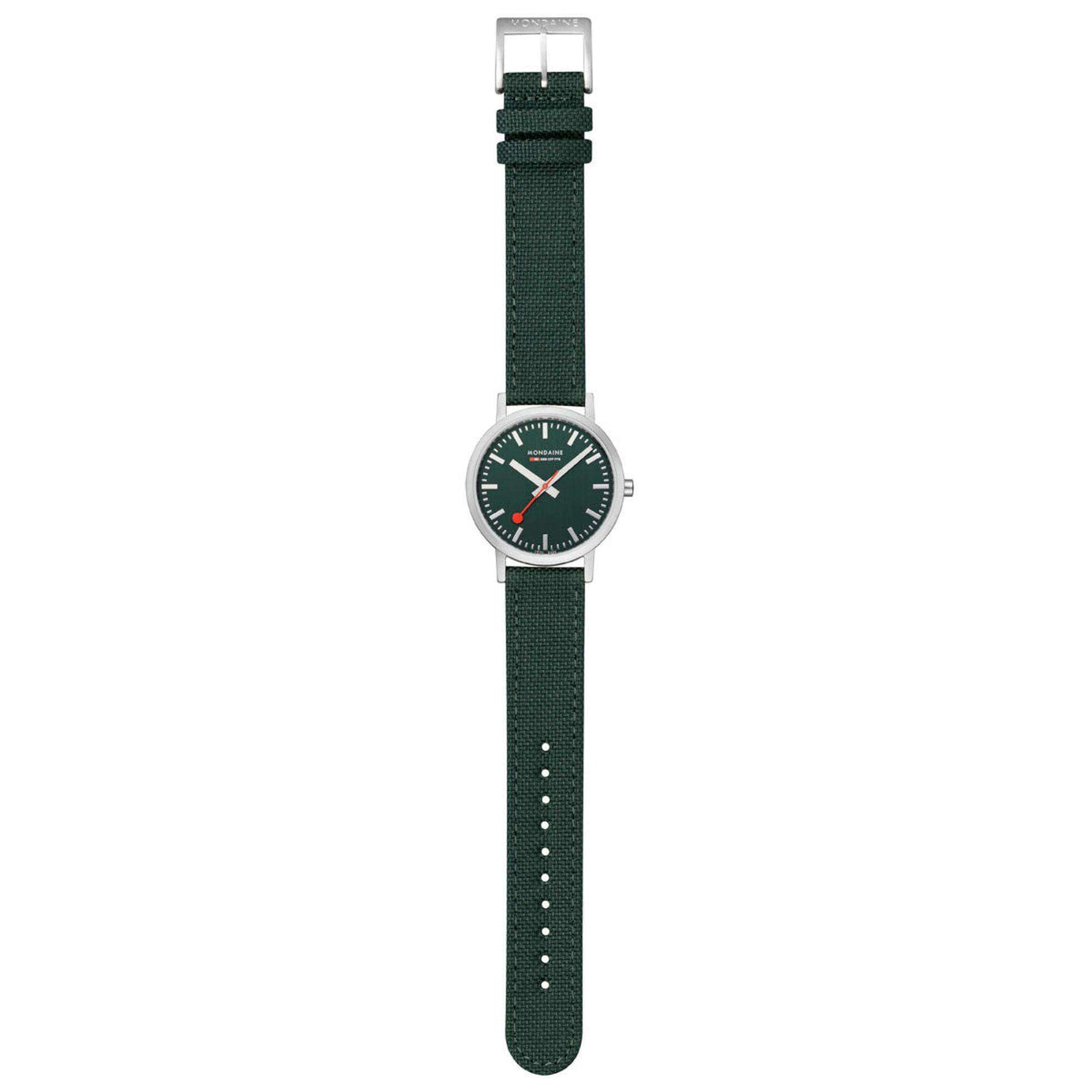 Forest green fabric strap watch with small dark dial and silver-toned round case