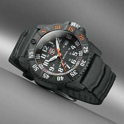 Men's black quartz watch with black dial, orange accents, textured bezel, silicone strap