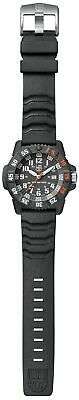 Men's LUMINOX black quartz watch with black silicone strap and metal buckle, side view