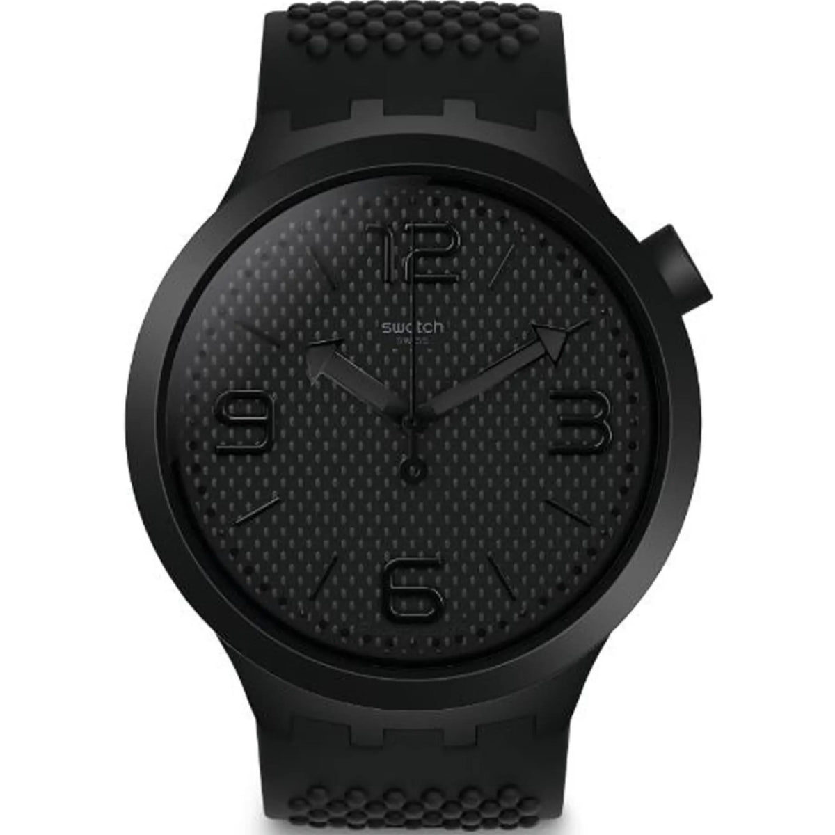 Men's black silicone quartz watch with textured dial and bold numeral markers