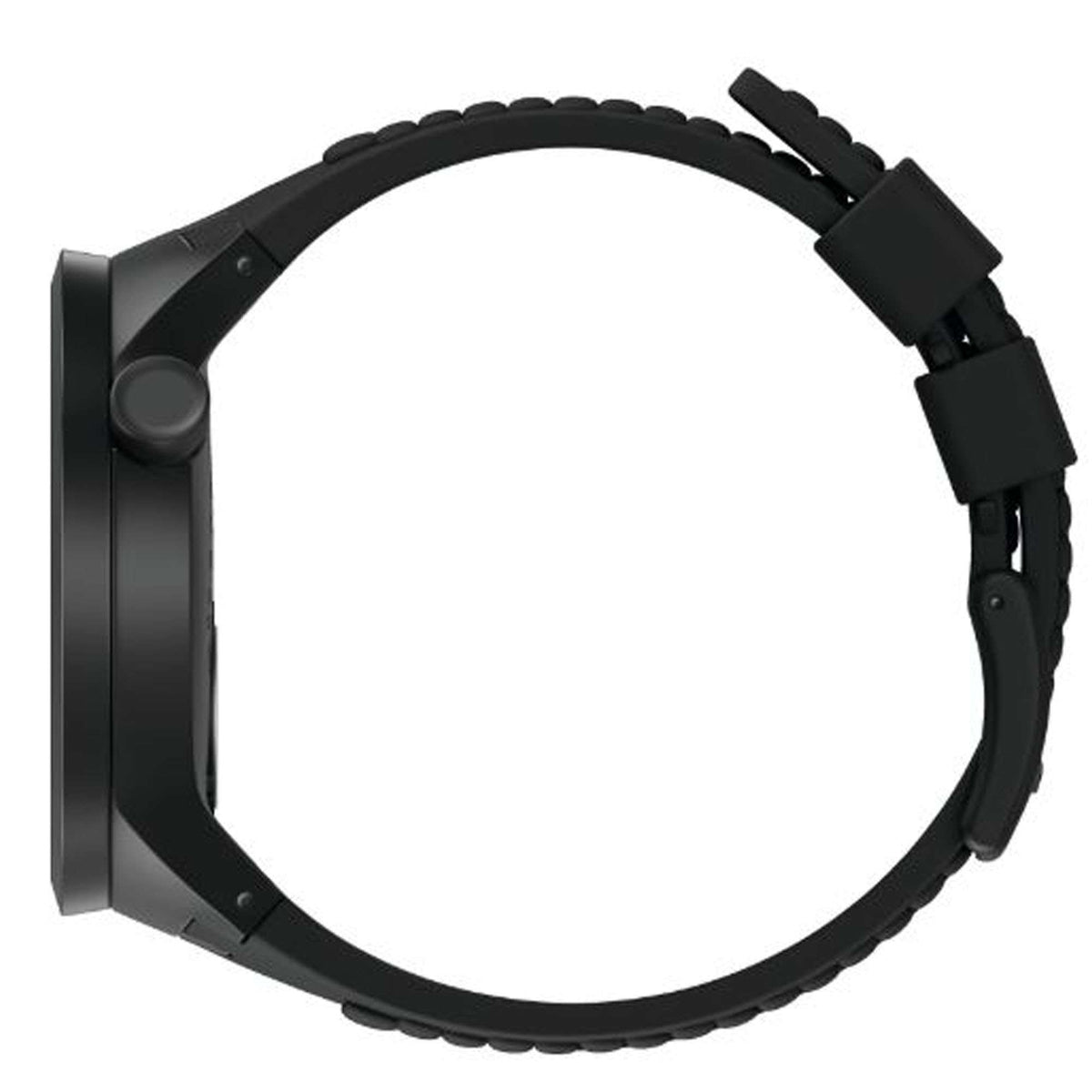 Men's black silicone watch band with textured links and side case detail