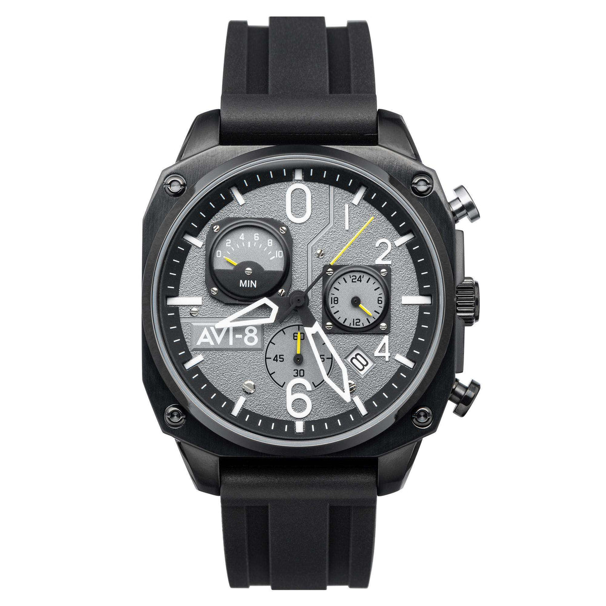 AVI-8 men's tactical chronograph watch, black silicone strap, round black dial with subdials