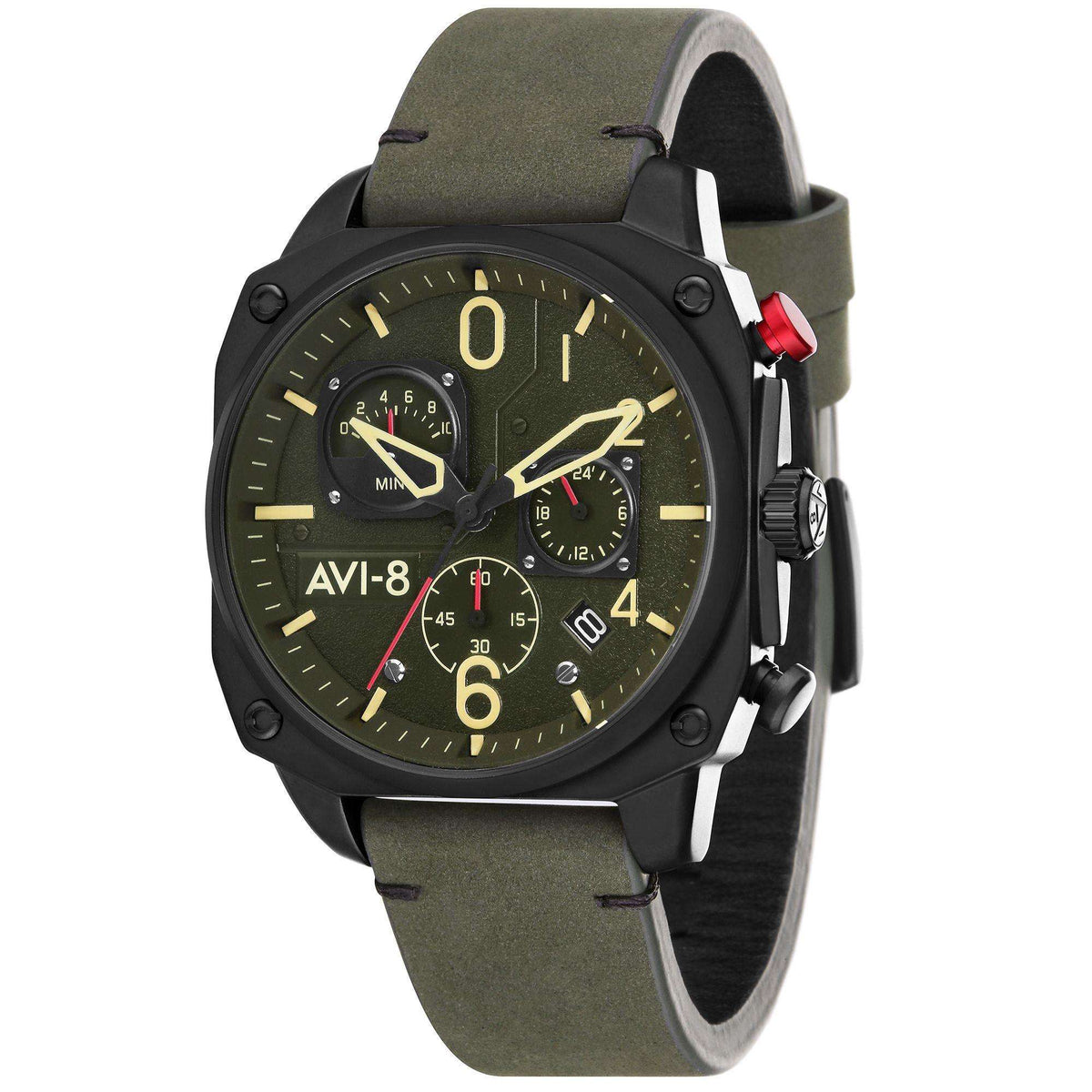 Men's retrograde chronograph wristwatch with deep green dial, black case, olive strap.