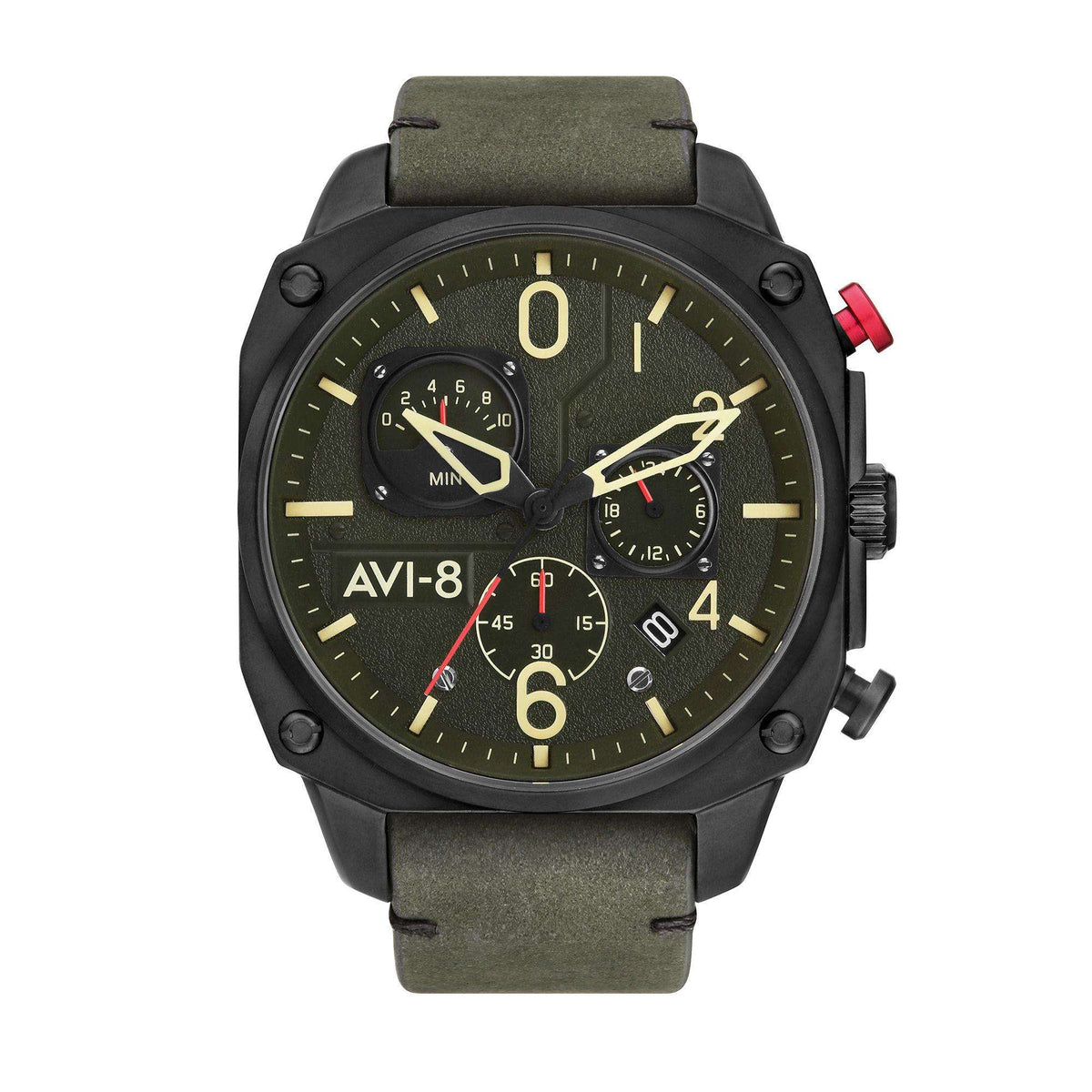 Men's retrograde chronograph wristwatch, green dial, black case, olive leather strap.