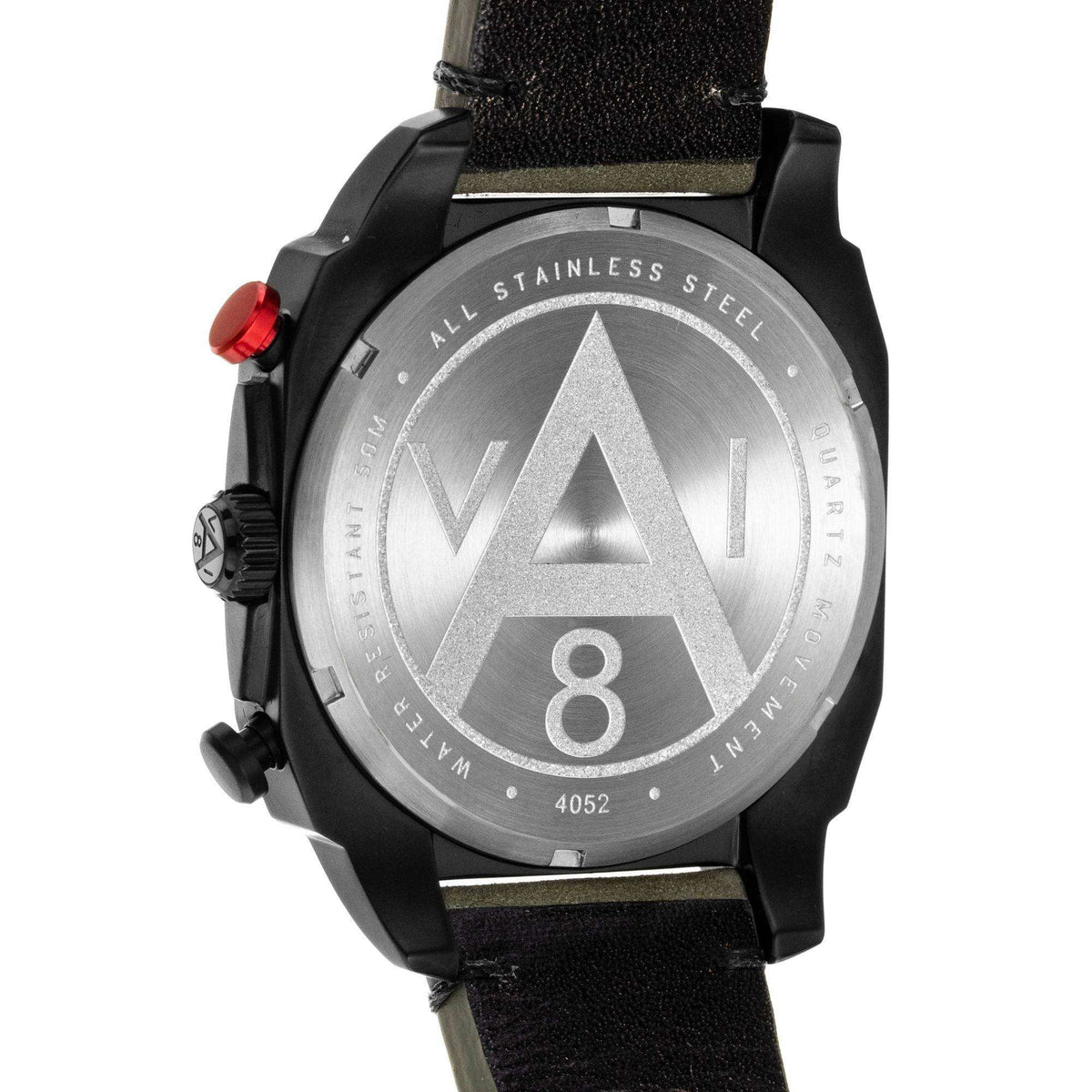 Men's wristwatch back case with engraved Avi-8 logo, black stainless steel, olive strap.