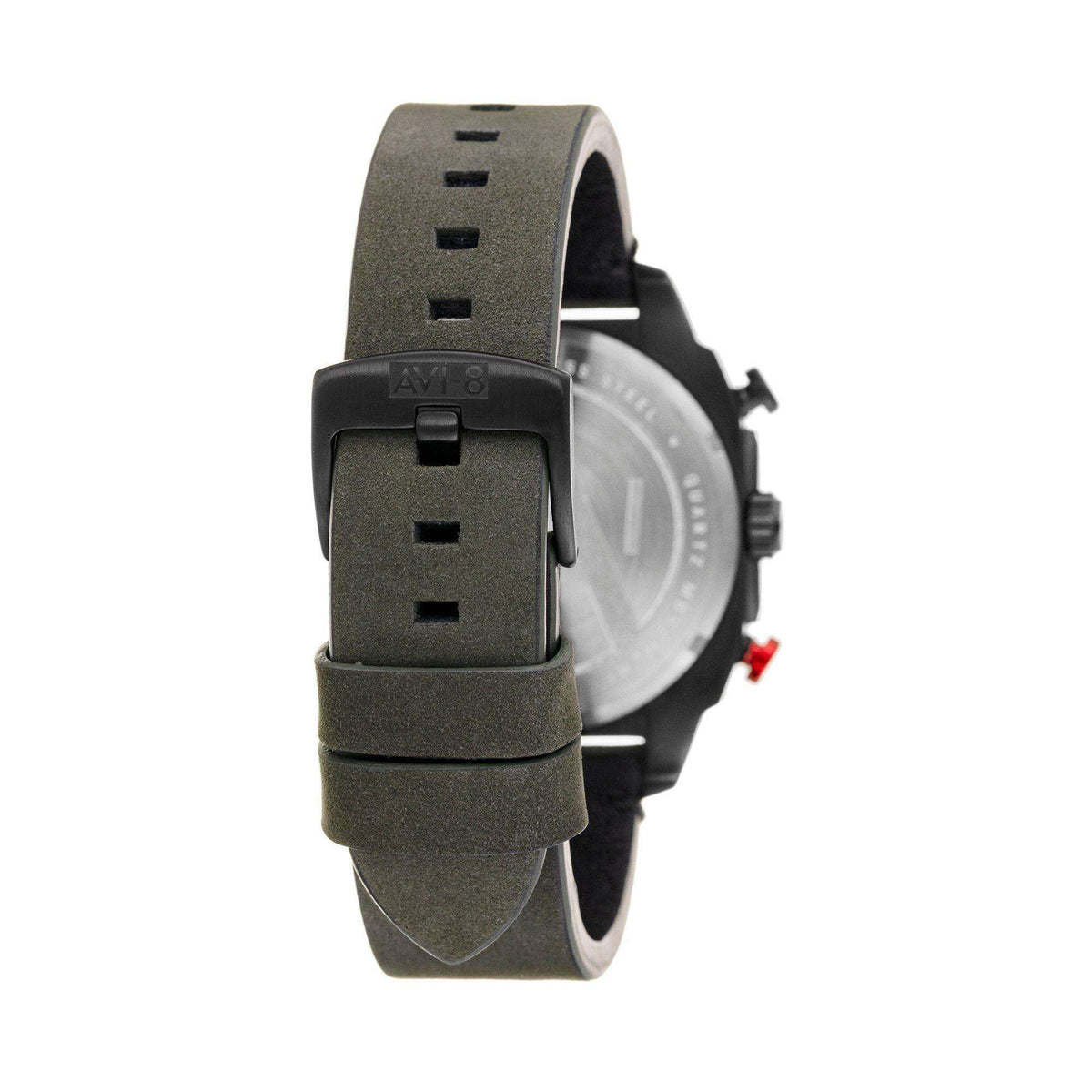 Men's wristwatch side view with olive rubber strap and black buckle, round black case.