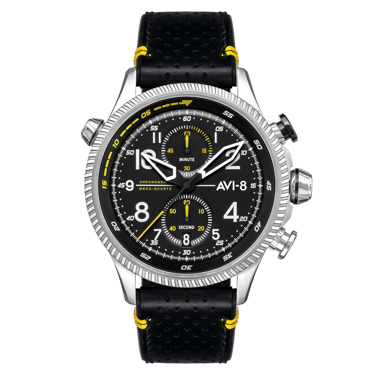 Men's AVI-8 chronograph wristwatch with black dial, yellow markers, leather strap