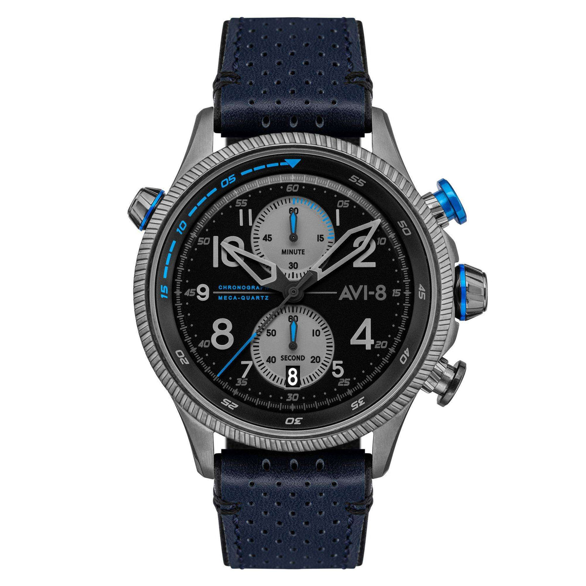 Men's chronograph watch with dark dial, three subdials, blue leather strap, steel case
