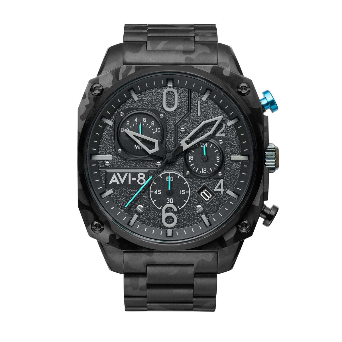 Men's dark camo chronograph wristwatch, black dial with subdials and date markers