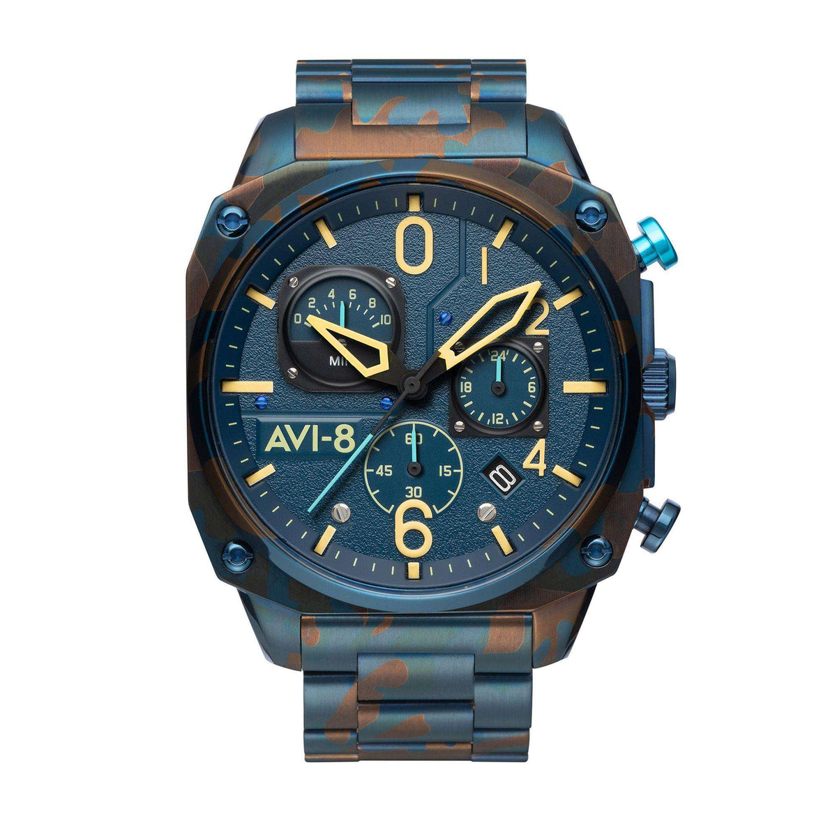 Men's AVI-8 chronograph watch with blue dial, gold markers, and air-camo strap