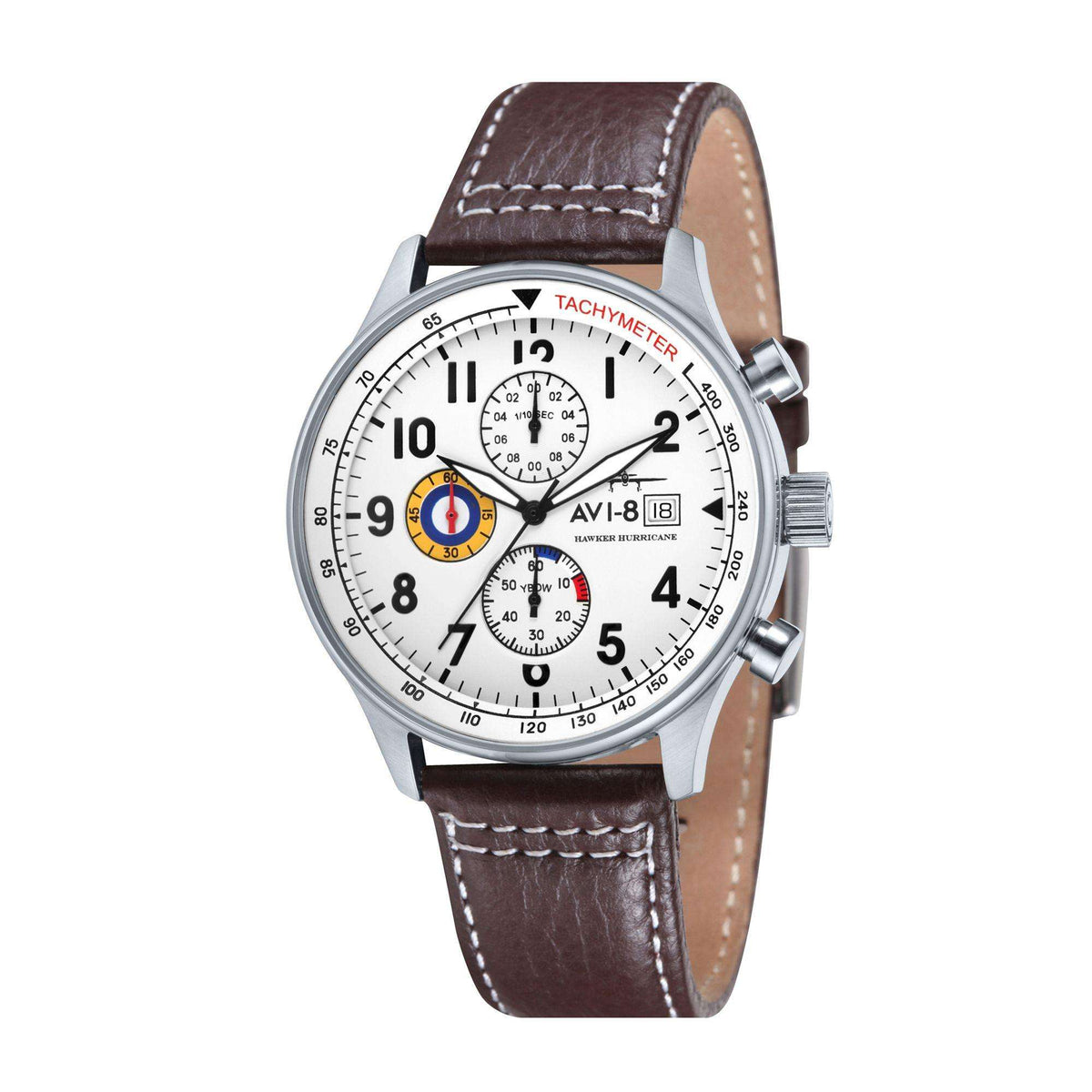 Men’s chronograph watch with white dial, brown leather strap, silver bezel and subdials.