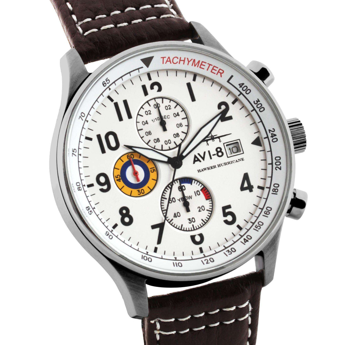 Men’s chronograph watch close-up: white dial, tachymeter bezel, brown leather strap, subdials.