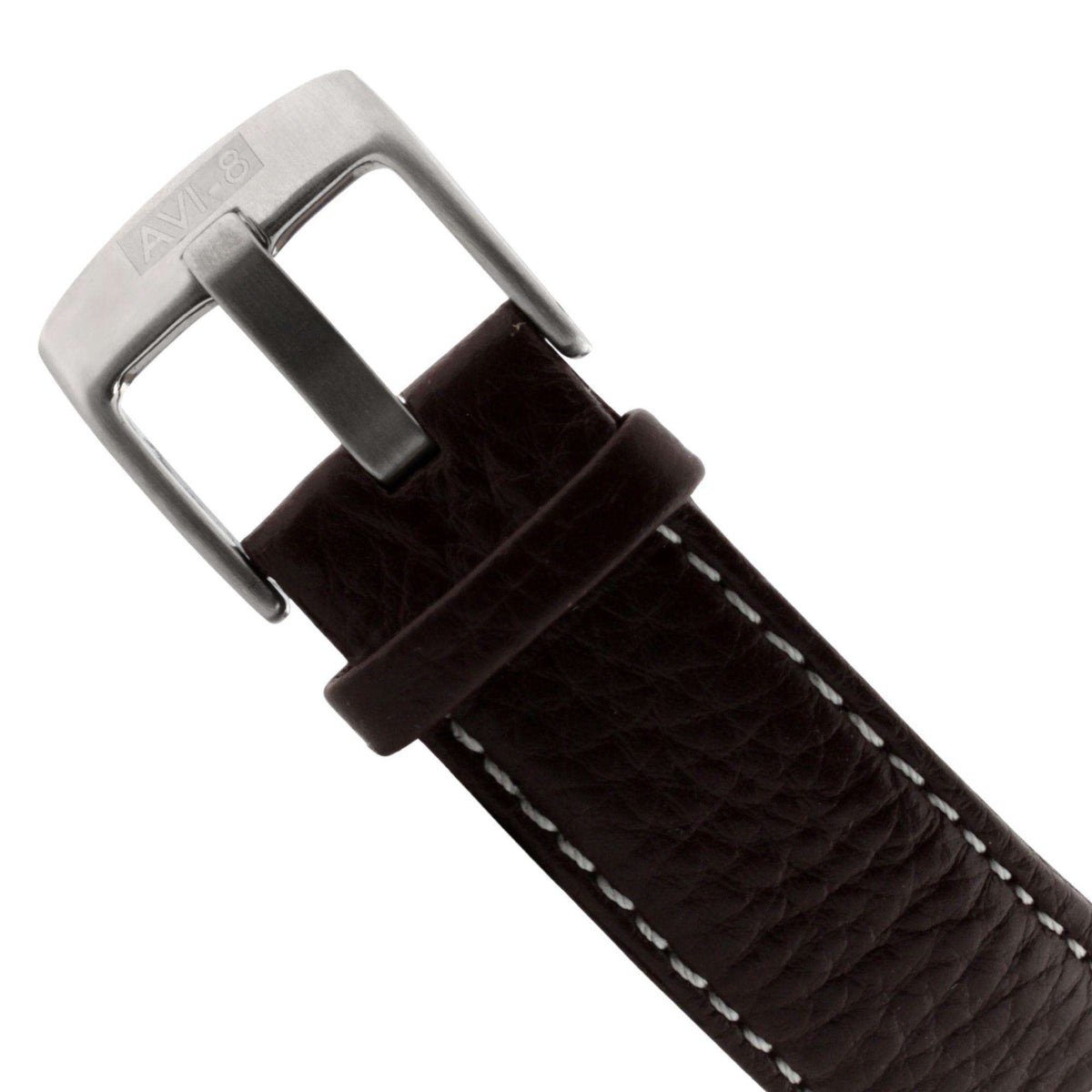 Brown leather watch strap with steel buckle and stitched edge detail.