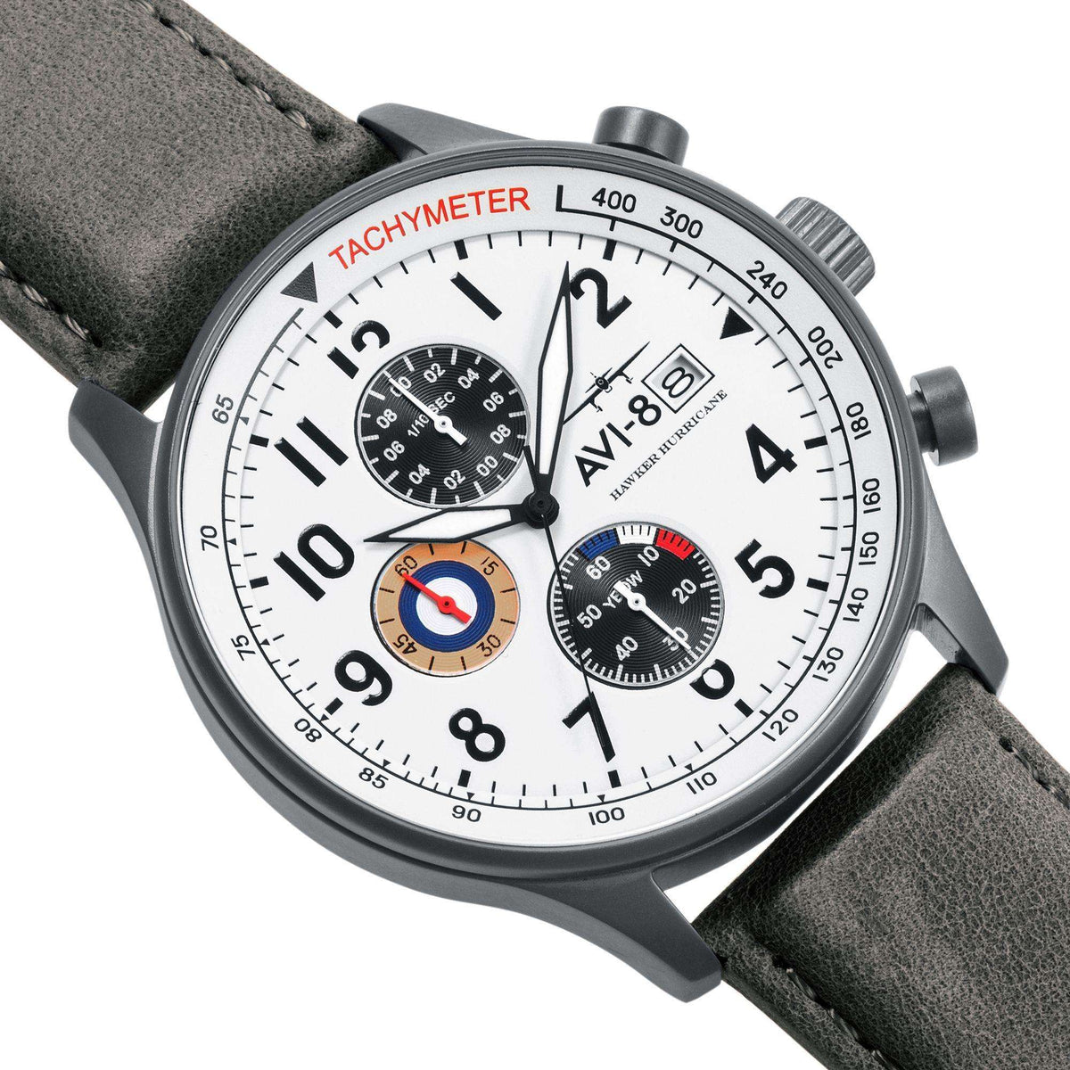 Mens chronograph watch close-up: white dial, grey leather strap, tachymeter ring and subdials