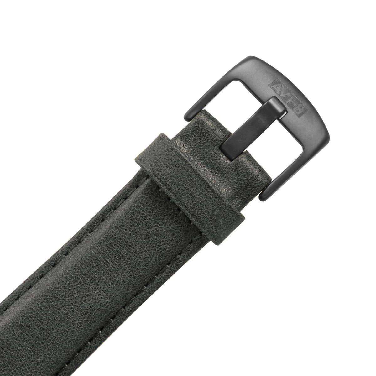 Grey leather watch strap with metal buckle and stitched keeper