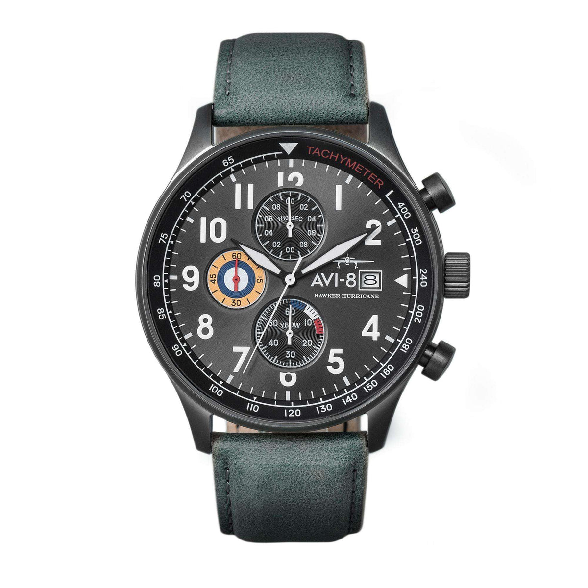 Men's chronograph wristwatch, black dial with tachymeter ring and green leather strap
