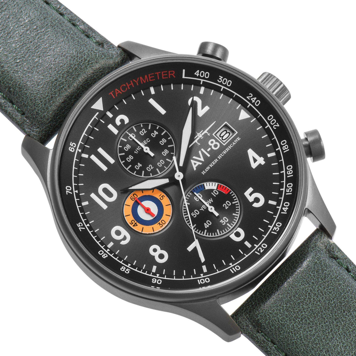 Men's chronograph wristwatch close-up: black dial, orange subdial, tachymeter markings