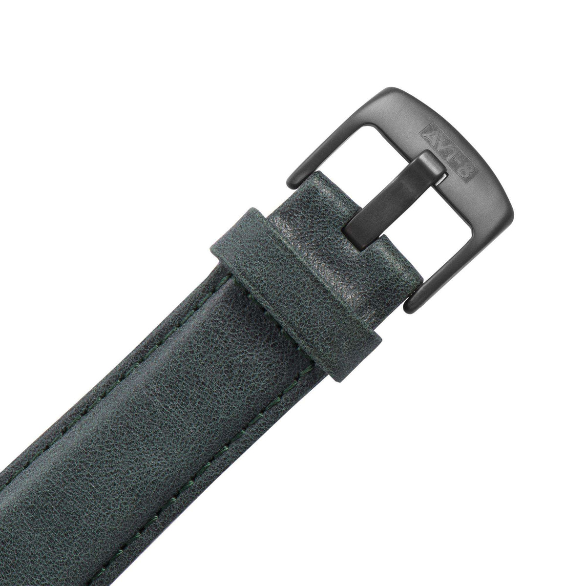 Green leather watch strap end with black buckle and rectangular keeper