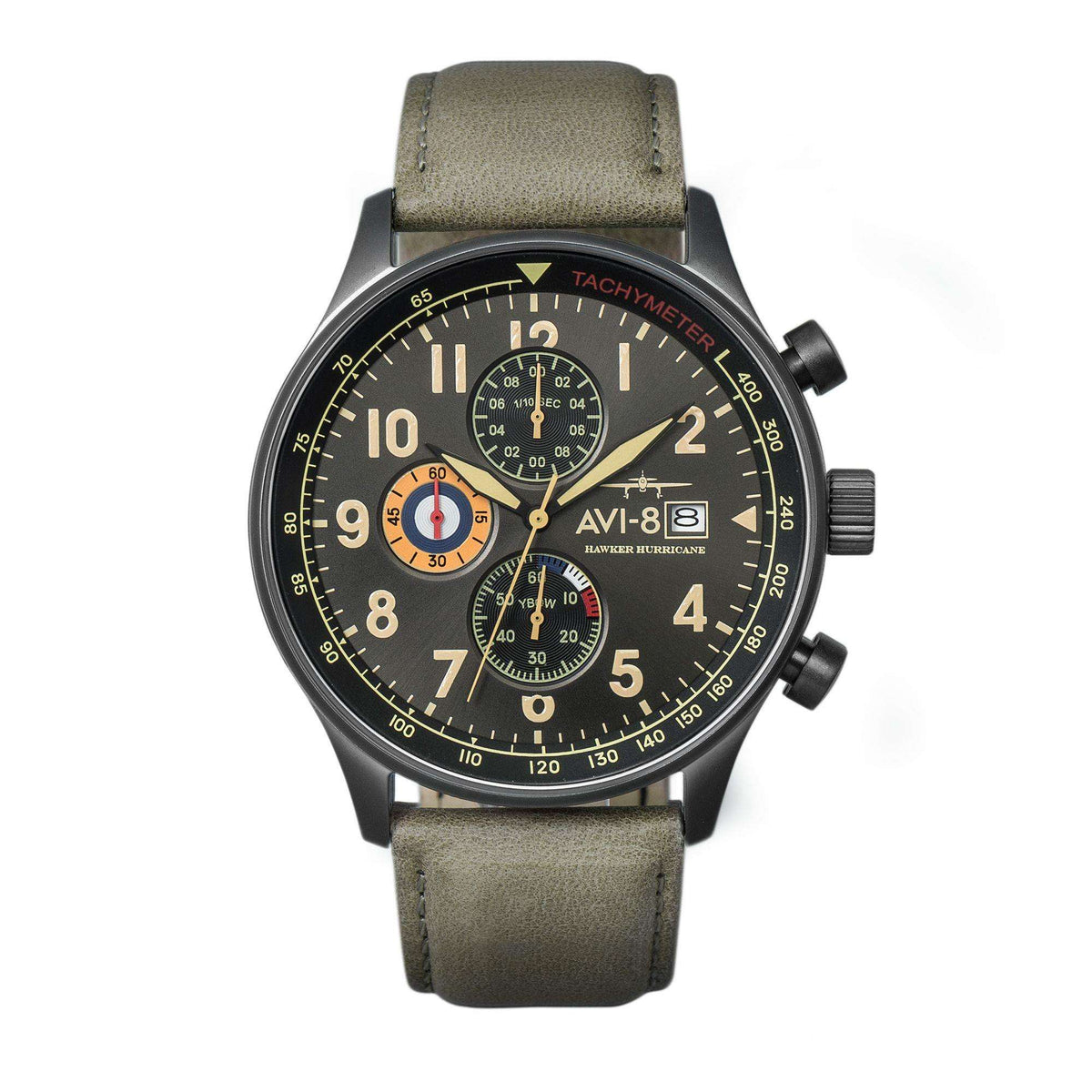 Men's aviator chronograph wristwatch with black dial and olive green leather strap