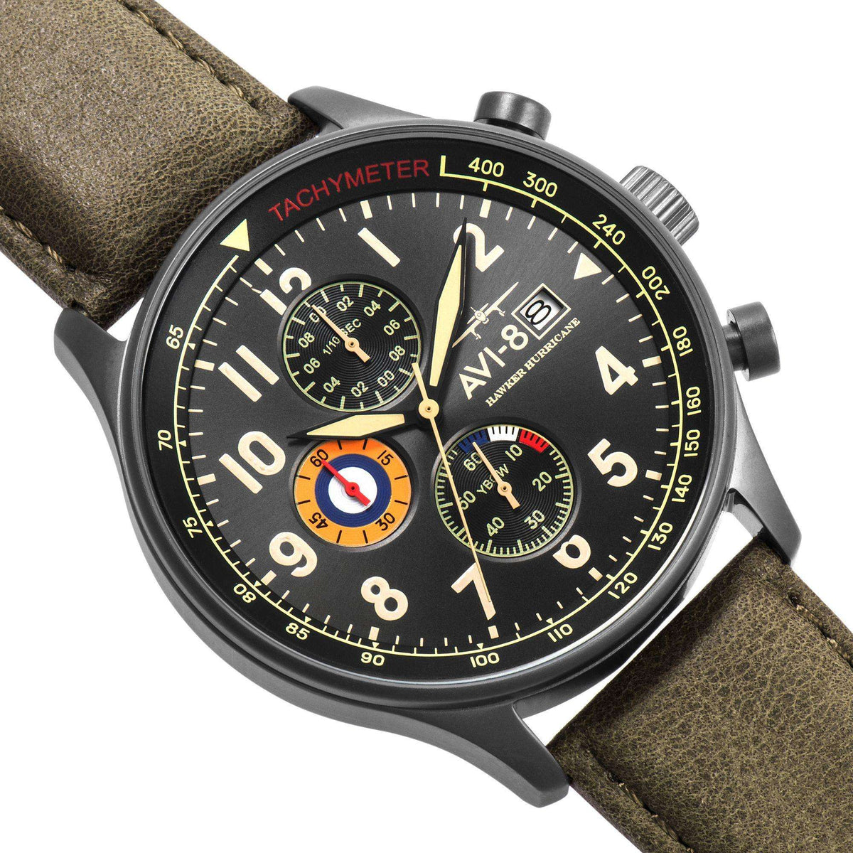 Aviator chronograph watch close-up with black dial, tachymeter ring, olive leather strap