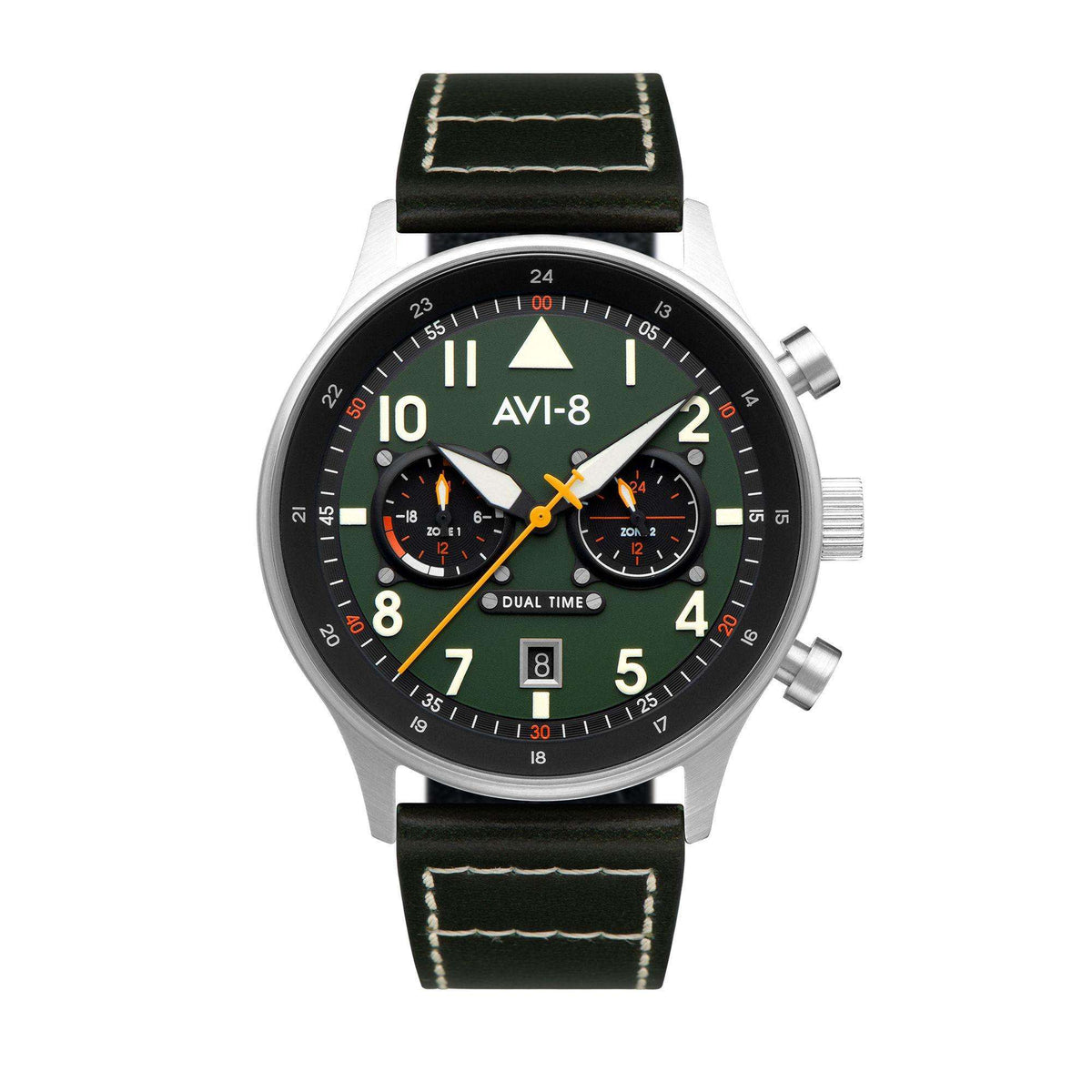 Men's dual time wristwatch with black dial, green accents, leather strap, chronograph subdials