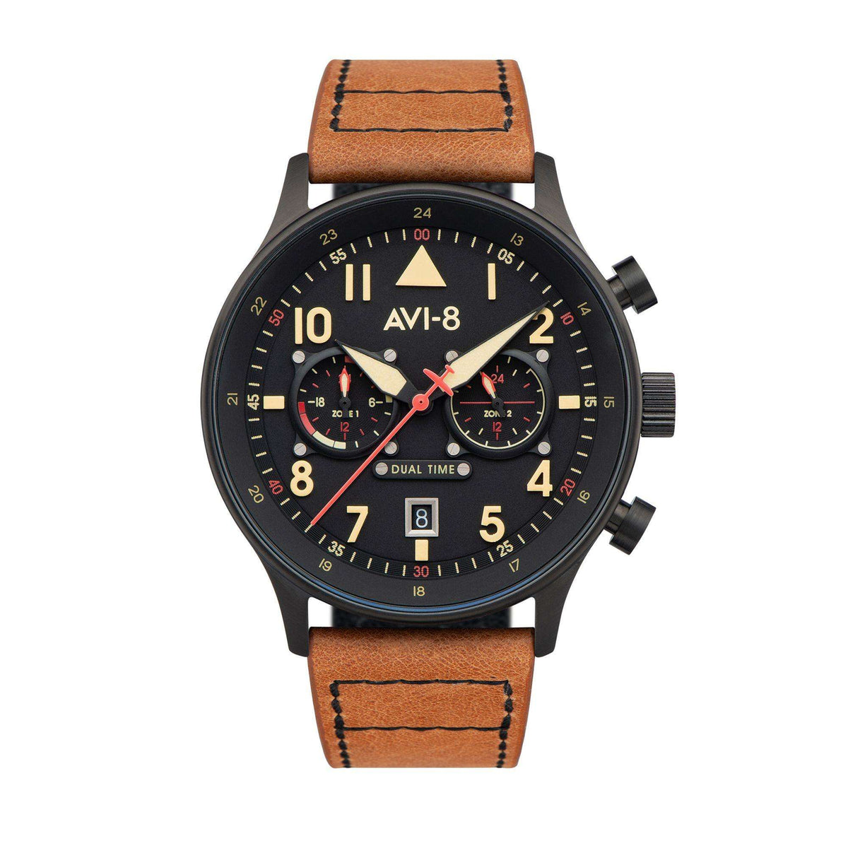 Men's dual-time wristwatch with black dial, red hands, brown leather strap