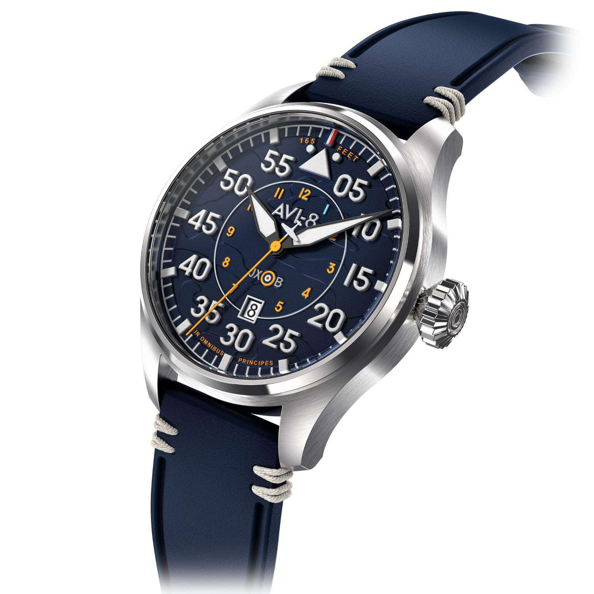 Men's automatic watch with blue dial, silver case, right-side crown, dark blue leather strap