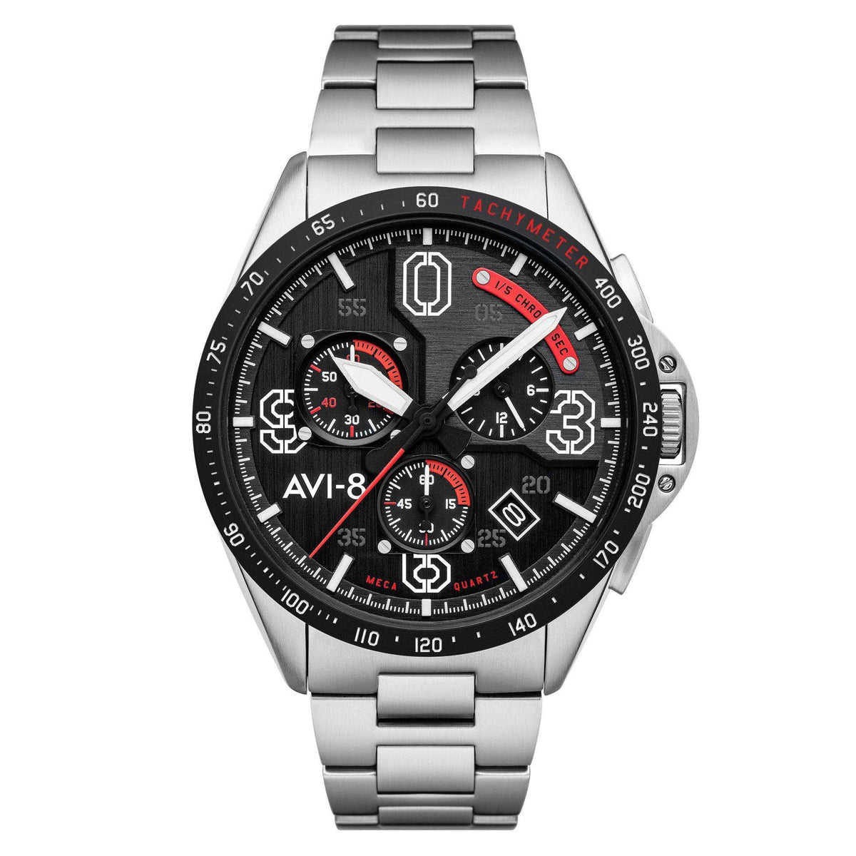 Mens chronograph watch with black dial, red accents, and silver metal bracelet
