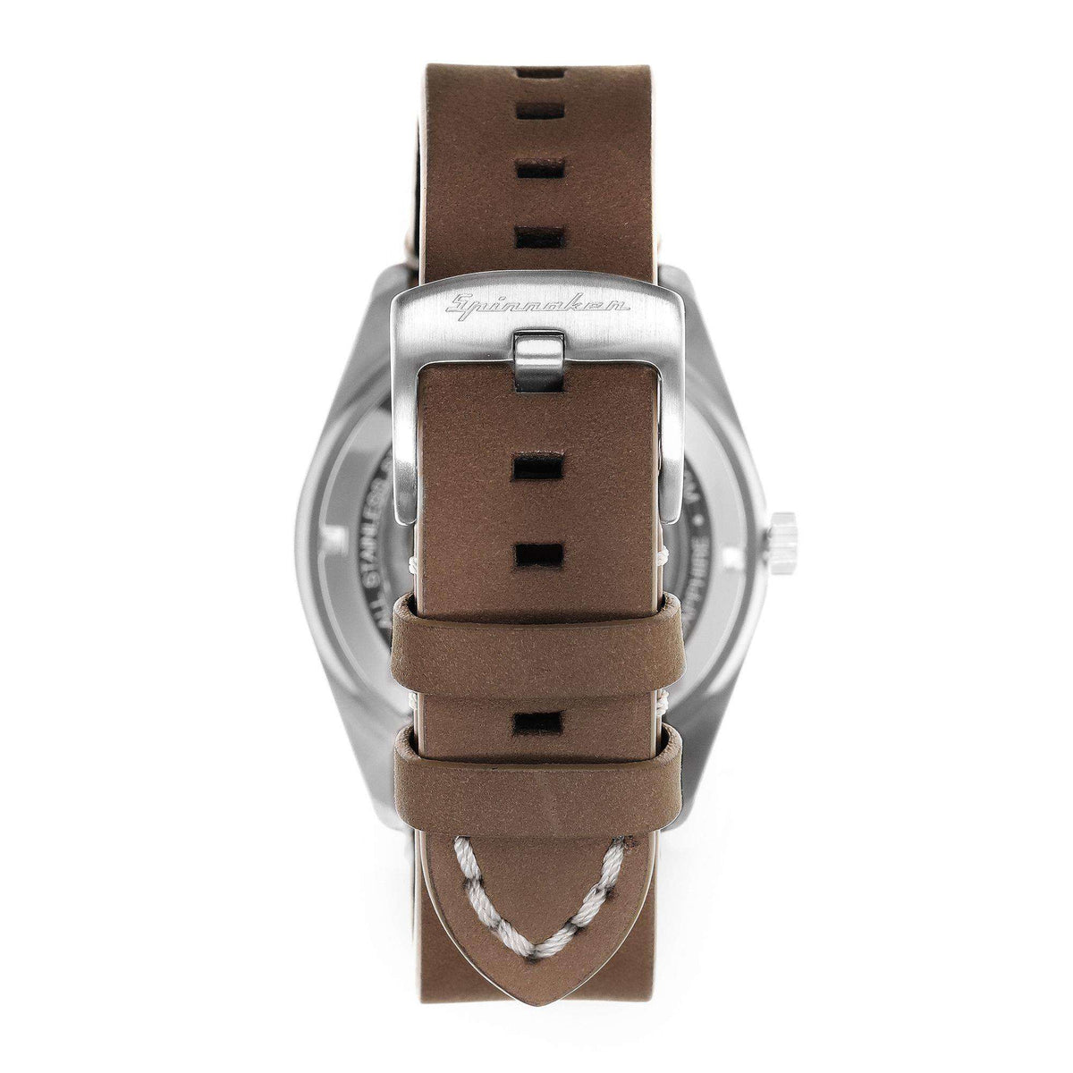 Men's watch with brown leather strap and metal buckle, steel case back and lugs