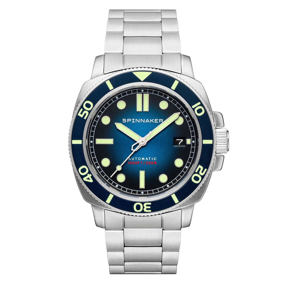 Men's stainless steel diver watch with blue dial, bezel, and bracelet strap