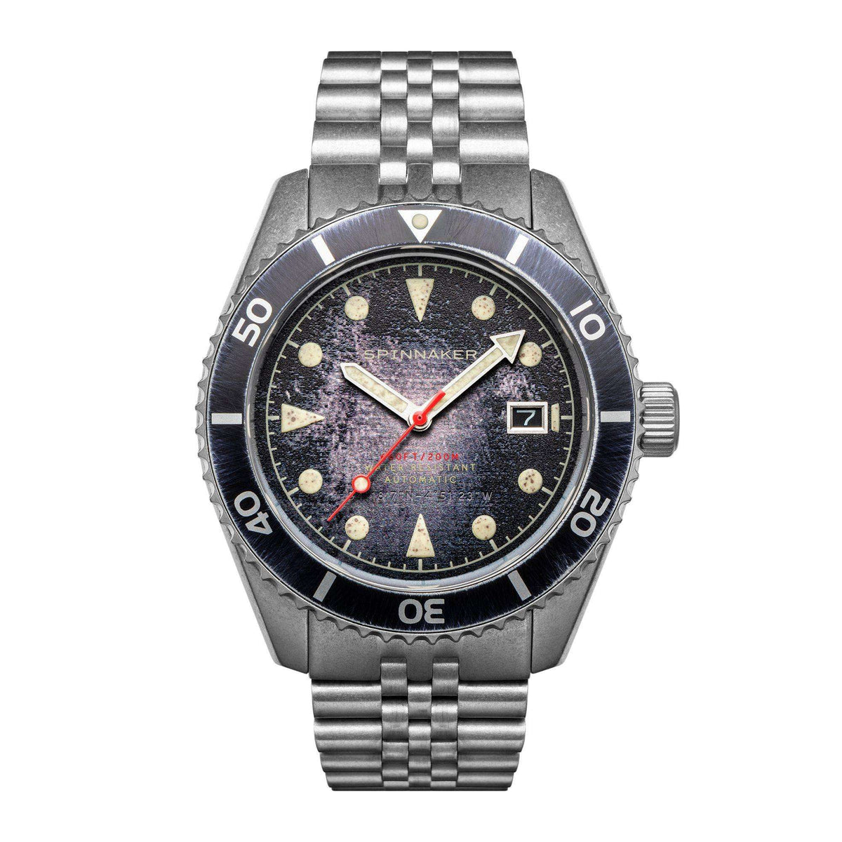 Men's stainless steel bracelet watch with black dial, blue bezel, luminous markers.