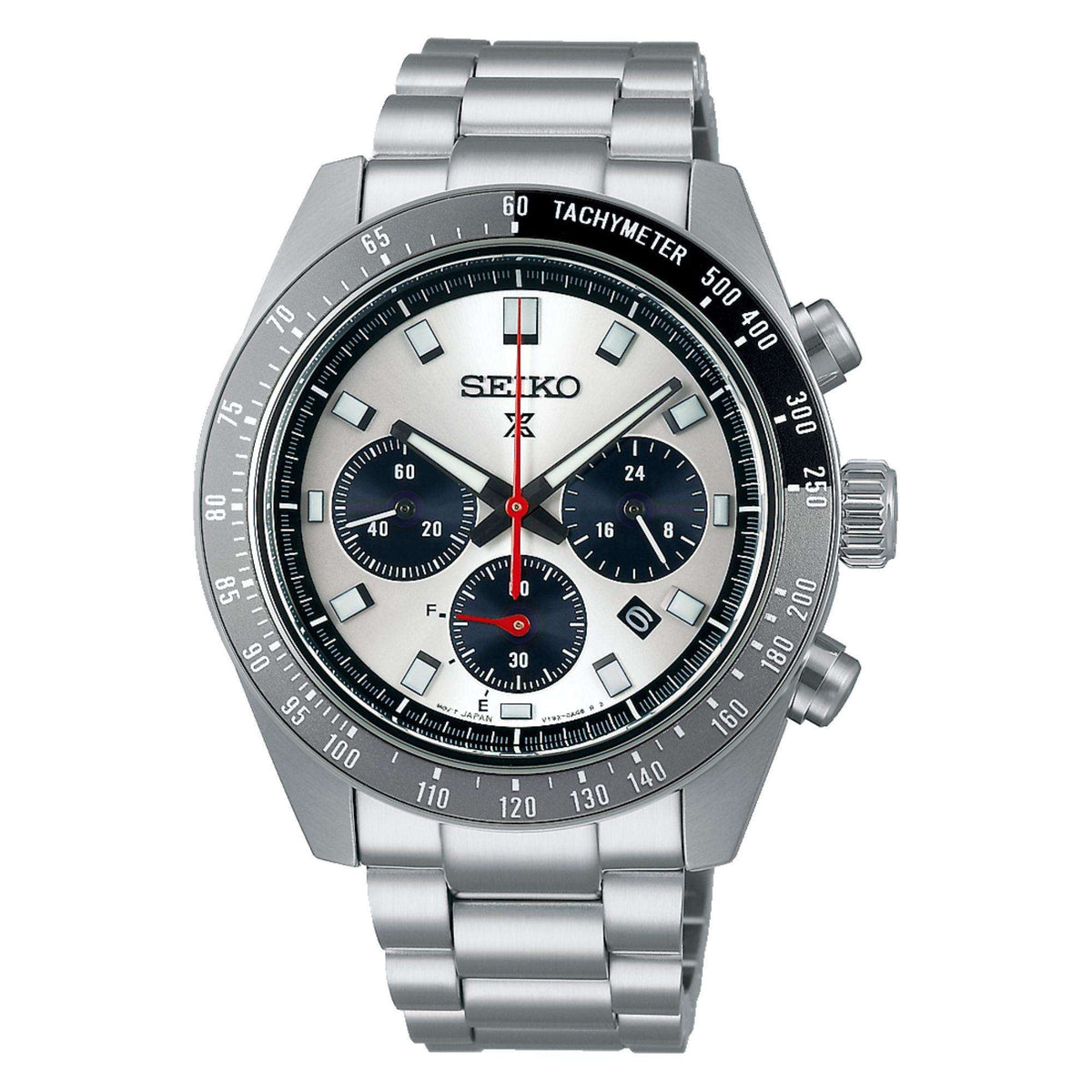 Stainless steel chronograph watch with silver dial, dark tachymeter bezel, and three subdials