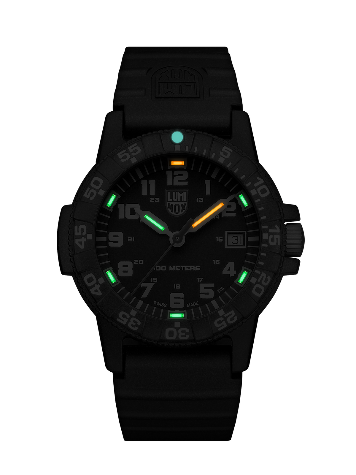 Men's black dial quartz wristwatch with silicone strap, luminous green markers and orange accent