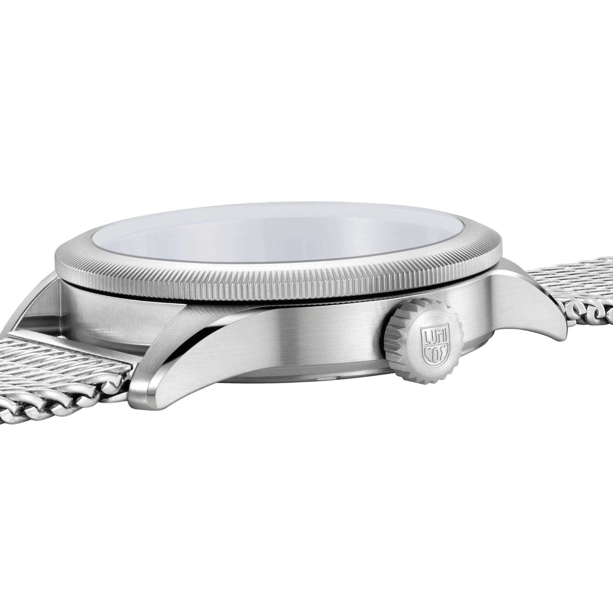 Men's Luminox P-38 watch case with brushed metal finish and crown