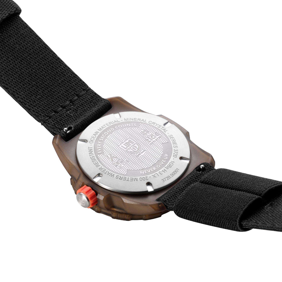 Men's rugged watch back with textured steel caseback and black nylon strap