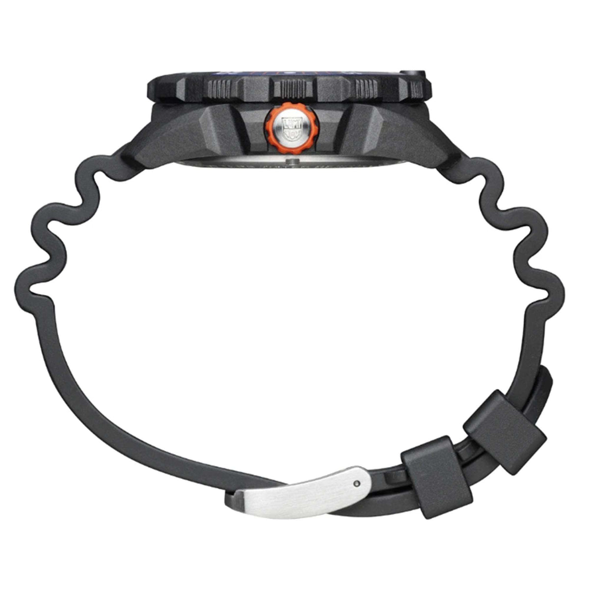 Men's black rubber strap wristwatch with metal clasp and rugged caseback