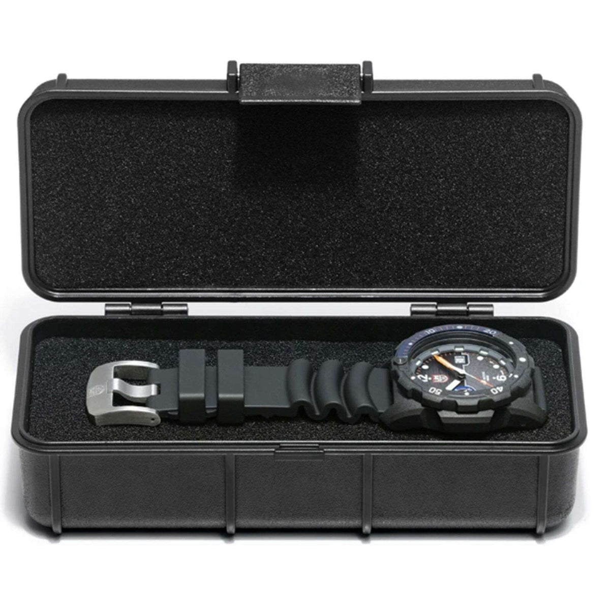Quartz watch in open black storage case with molded insert