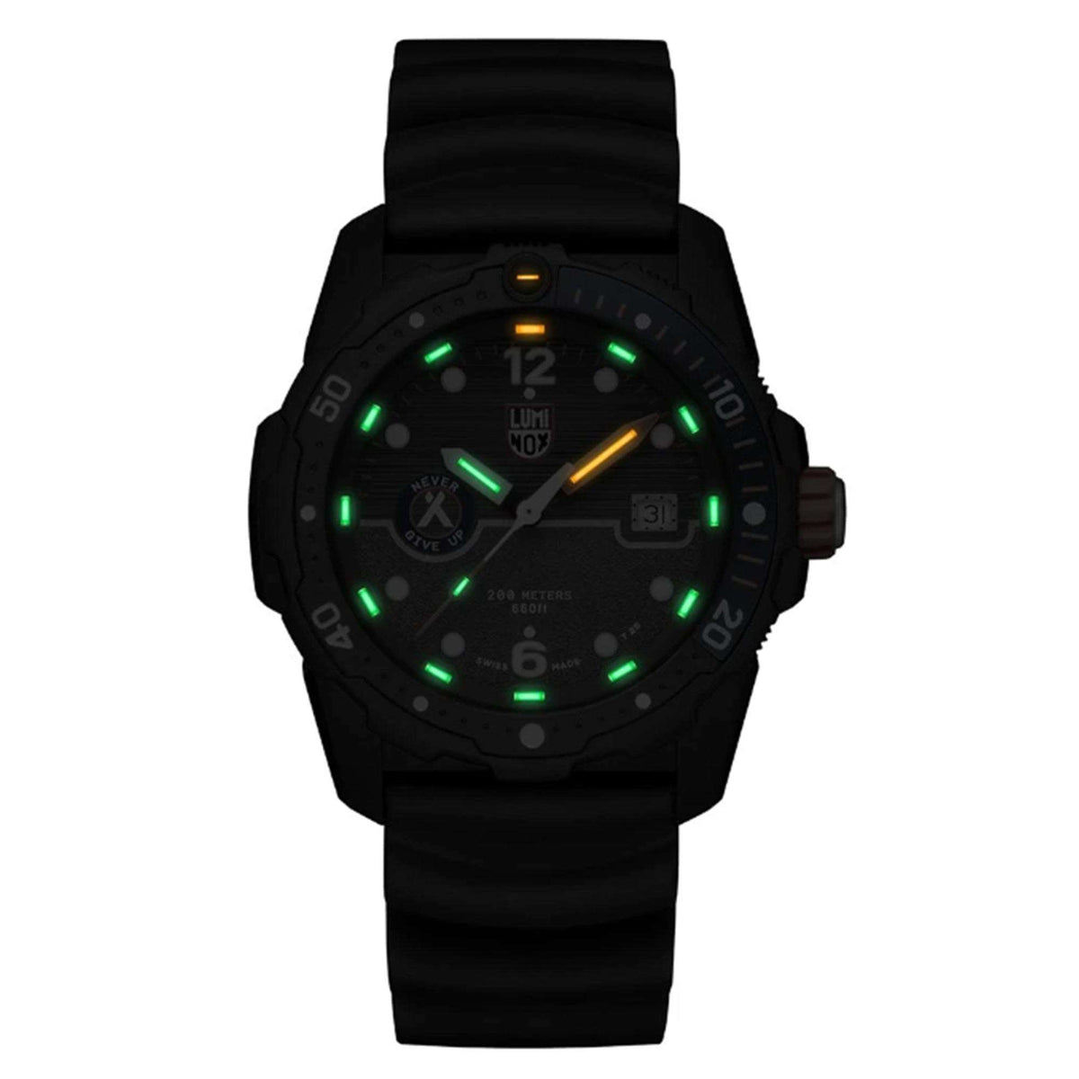 Men's black rubber quartz wristwatch with glowing green dial and orange hands
