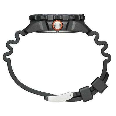 Black rubber watch strap with metal caseback and orange detail near crown