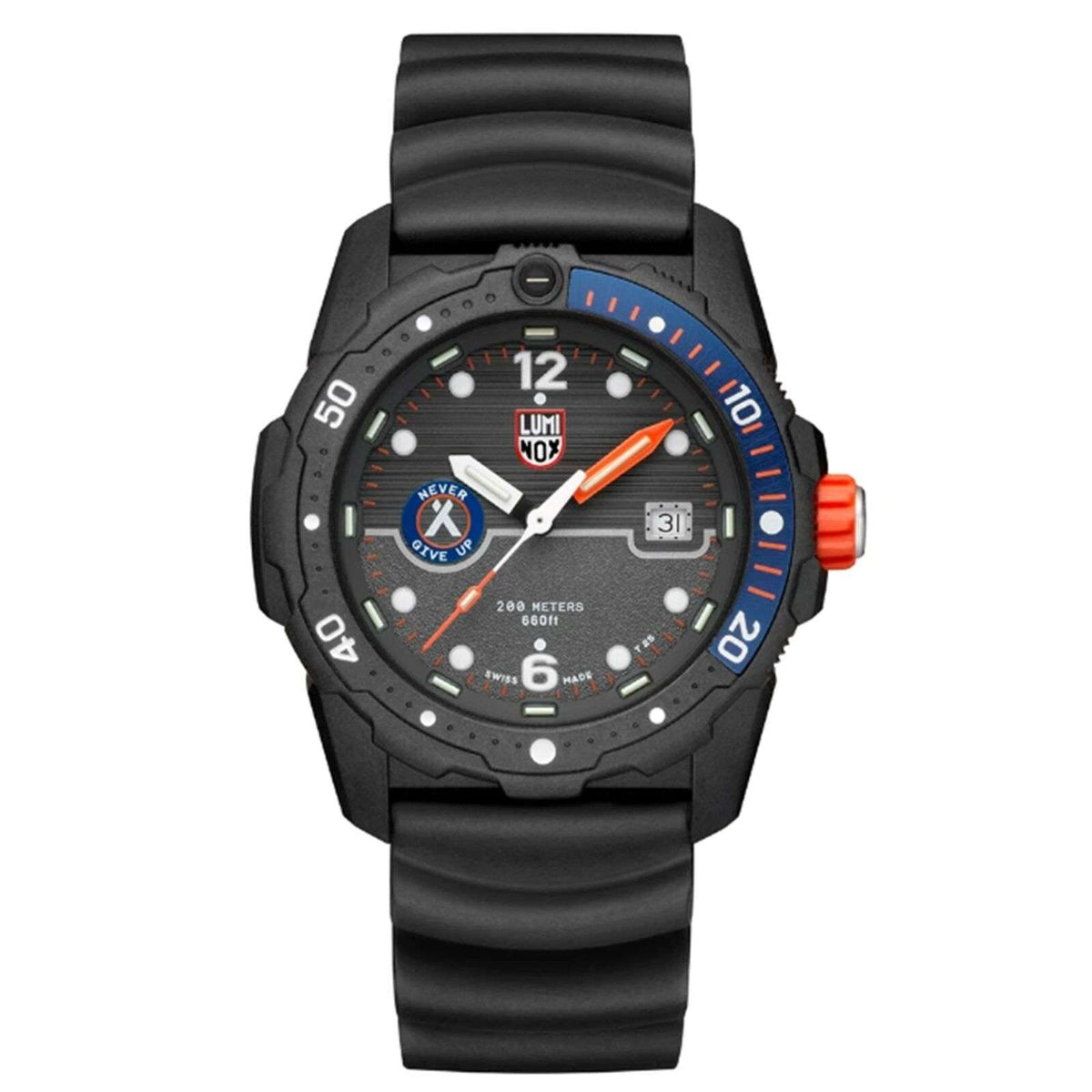 Black 42mm men's quartz wristwatch with dark dial, orange seconds hand, rubber strap.