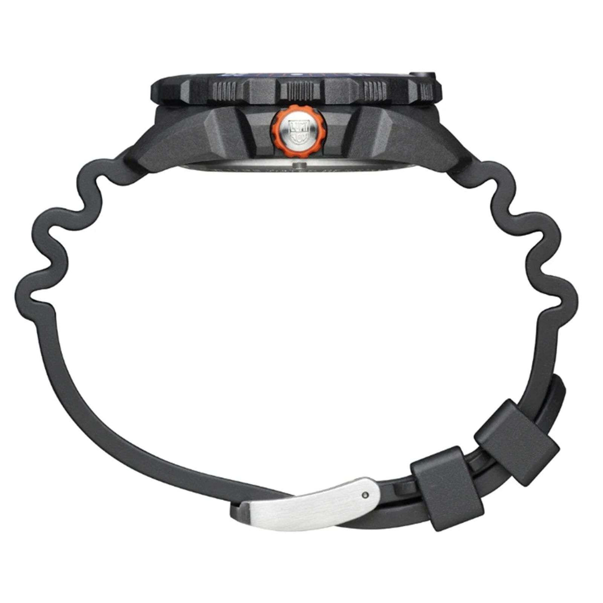 Black rubber watch band with metal buckle and case back underside view